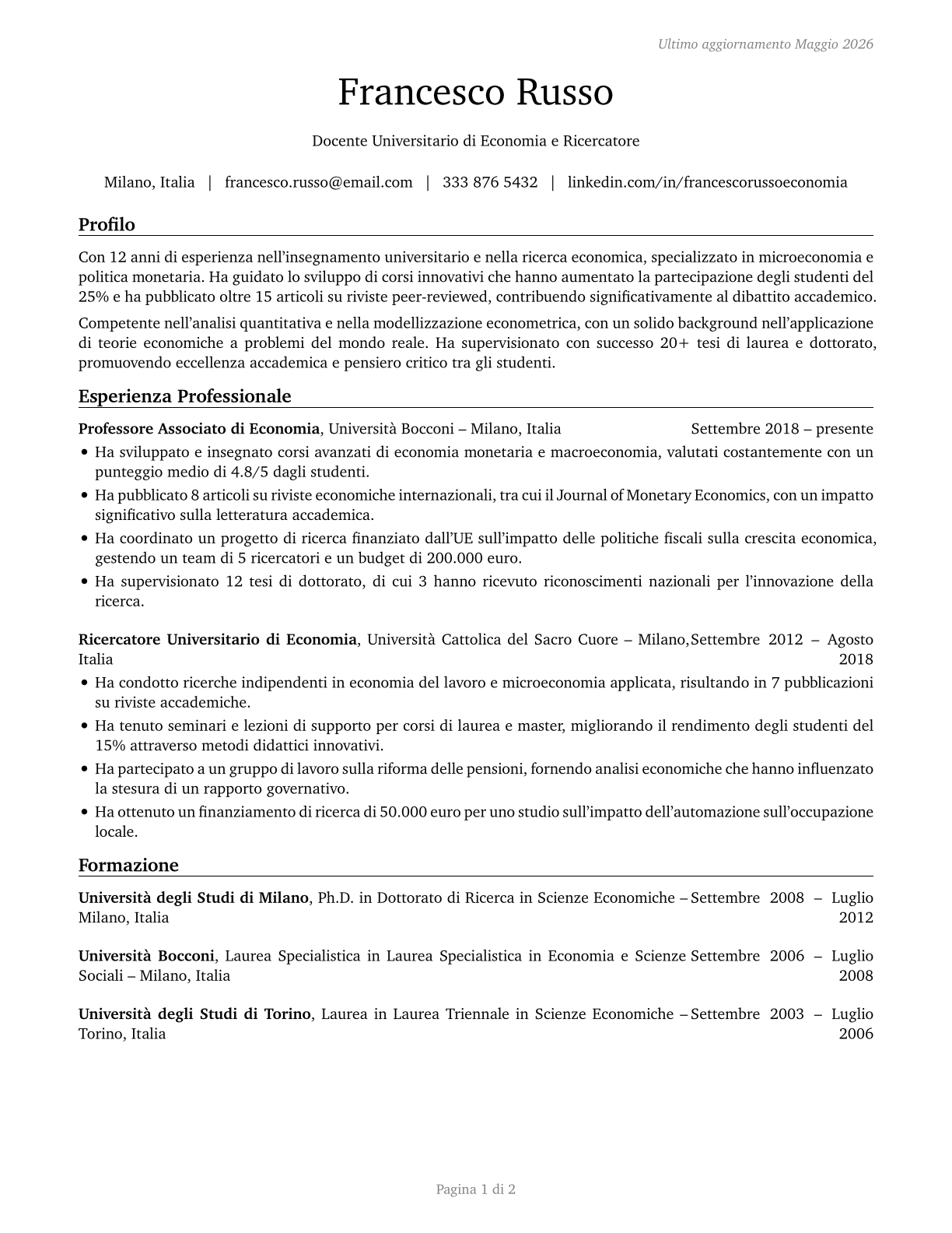 Economics Teachers, Postsecondary CV in Italian — page 1