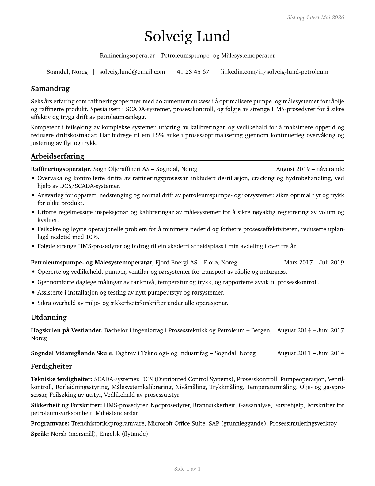 Petroleum Pump System Operators, Refinery Operators, and Gaugers CV in Norwegian_nynorsk — page 1