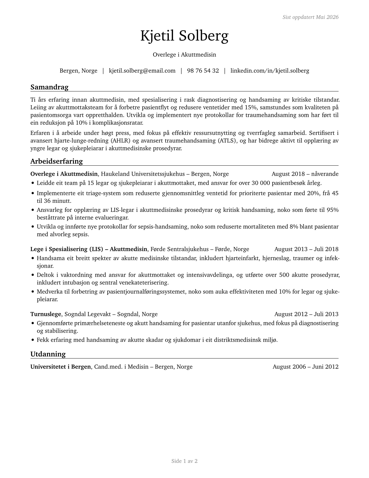 Emergency Medicine Physicians CV in Norwegian_nynorsk — page 1