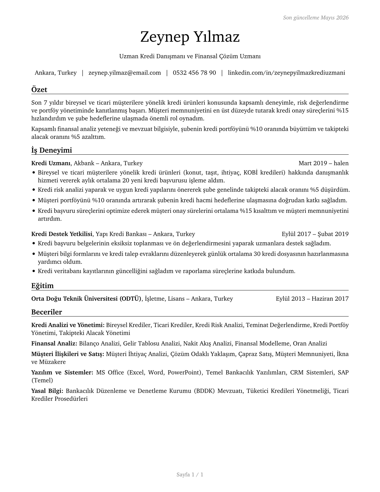 Loan Officers CV in Turkish — page 1