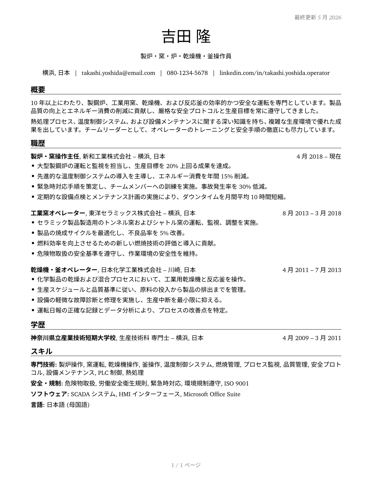 Furnace, Kiln, Oven, Drier, and Kettle Operators and Tenders CV in Japanese — page 1