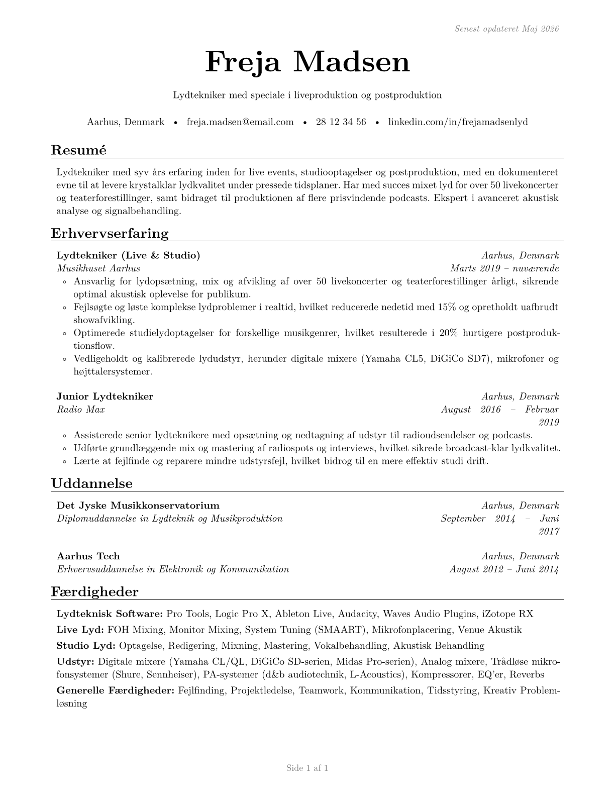 Sound Engineering Technicians CV in Danish — page 1