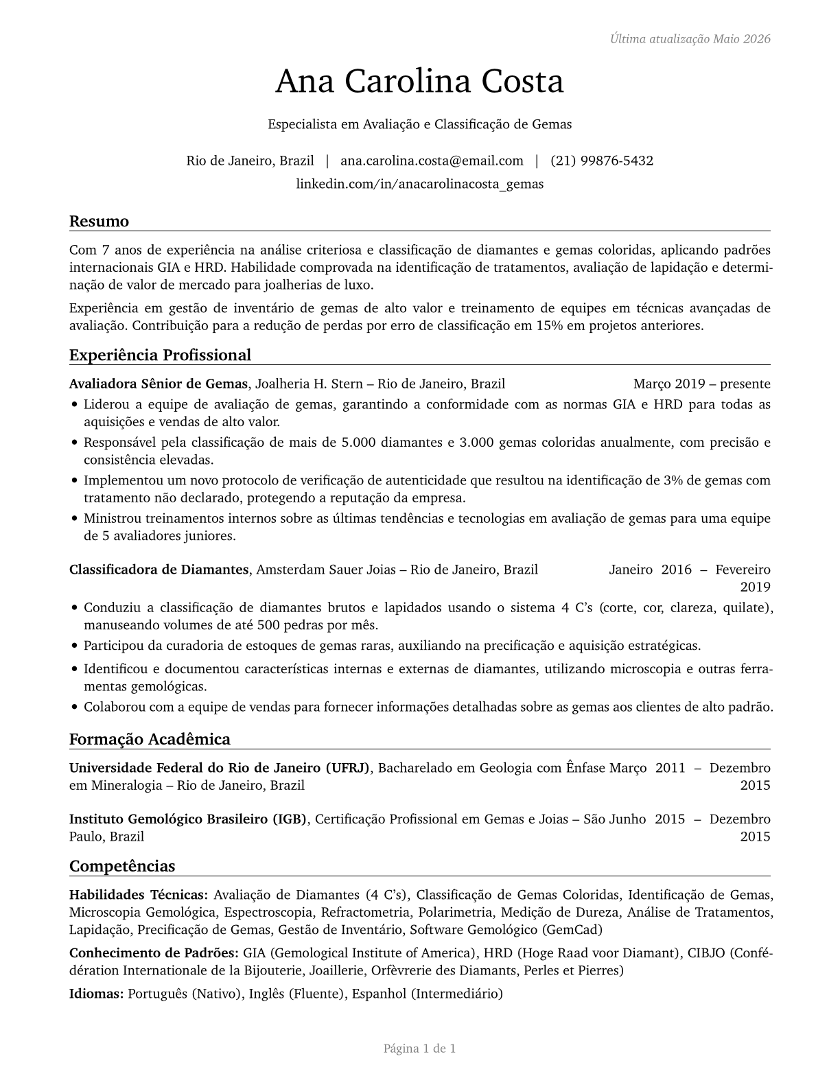 Gem and Diamond Workers CV in Portuguese — page 1