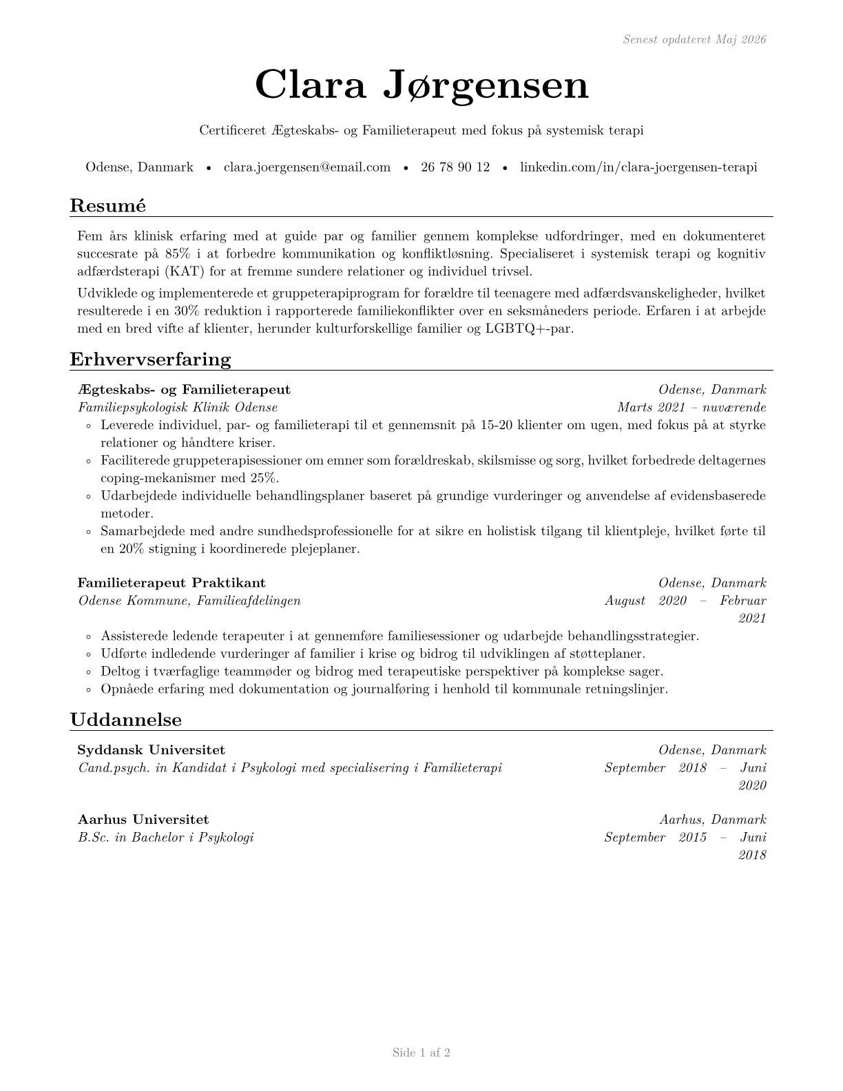 Marriage and Family Therapists CV in Danish — page 1