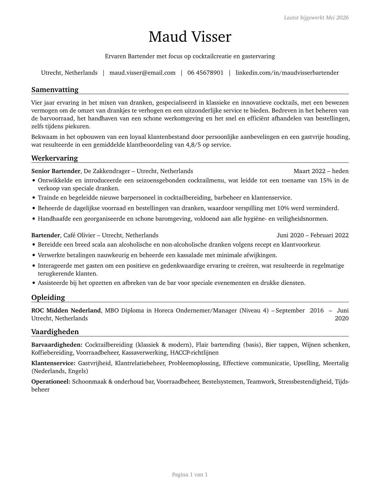 Bartenders CV in Dutch — page 1