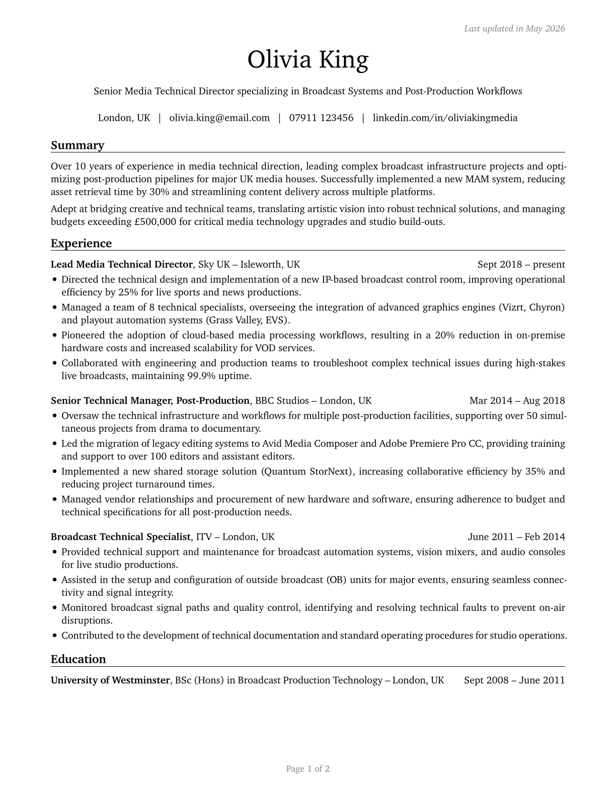 Media Technical Directors/Managers CV in English — page 1