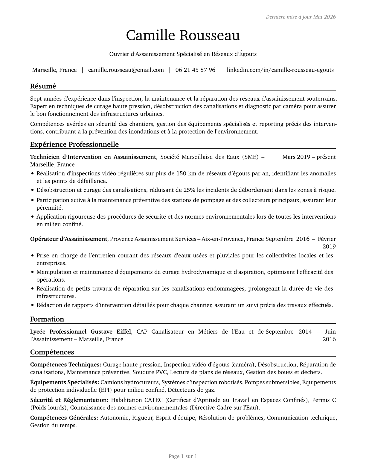 Sewers, Hand CV in French — page 1