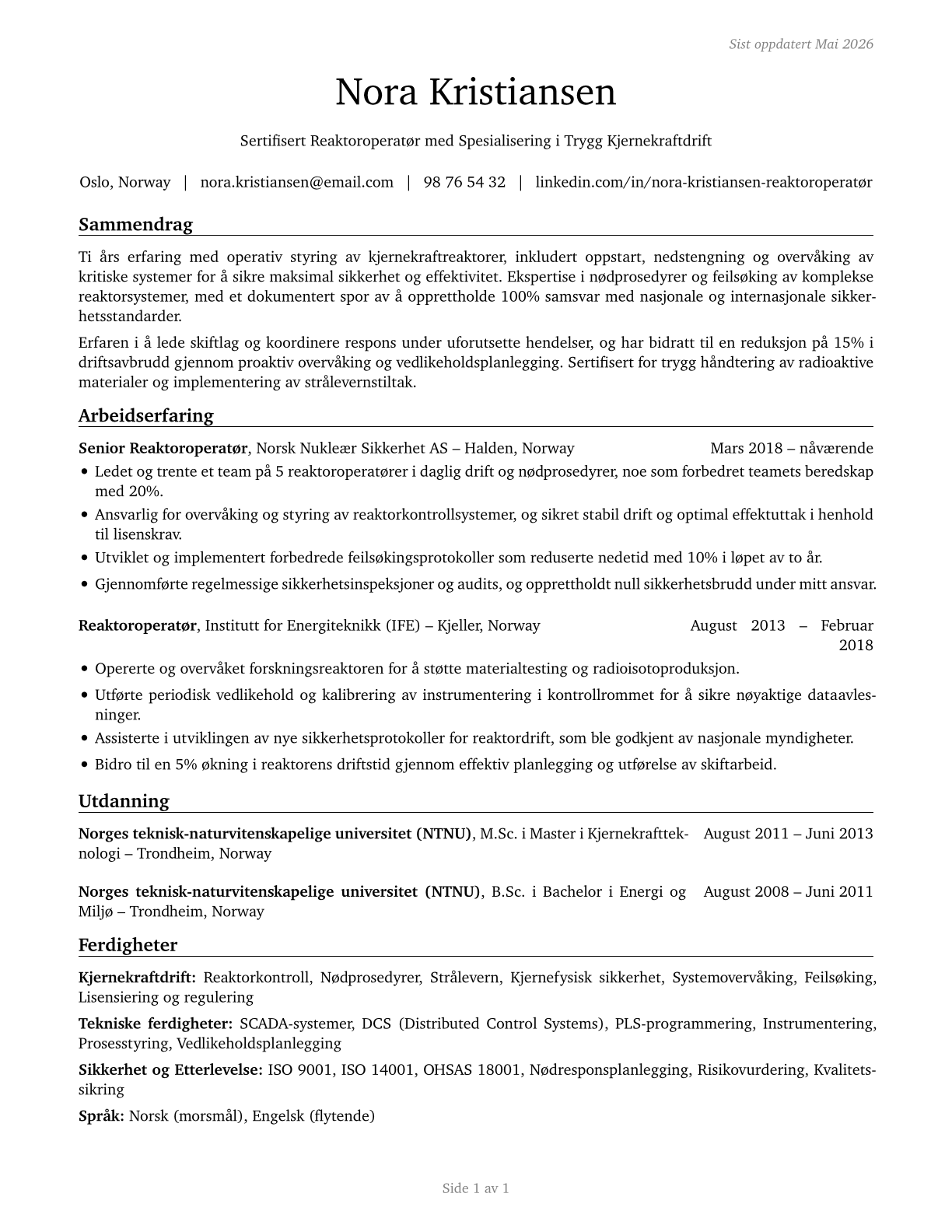 Nuclear Power Reactor Operators CV in Norwegian_bokmal — page 1