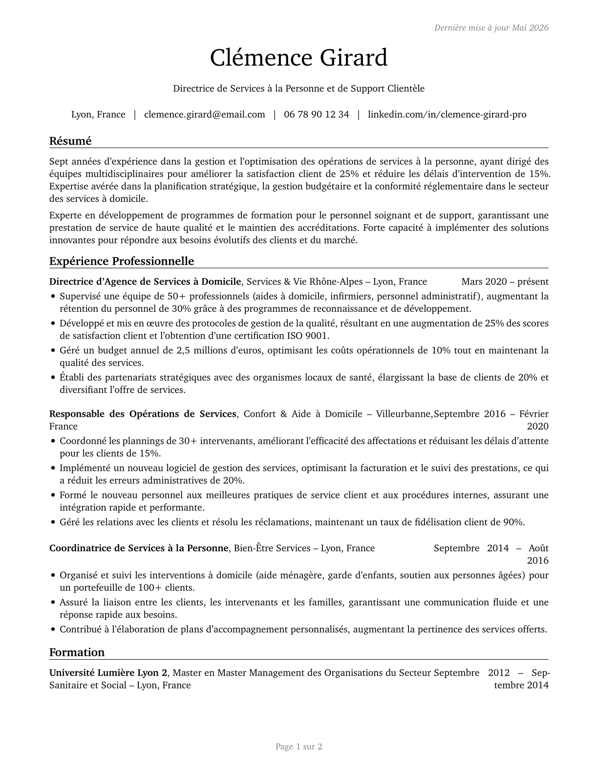 Personal Service Managers, All Other CV in French — page 1