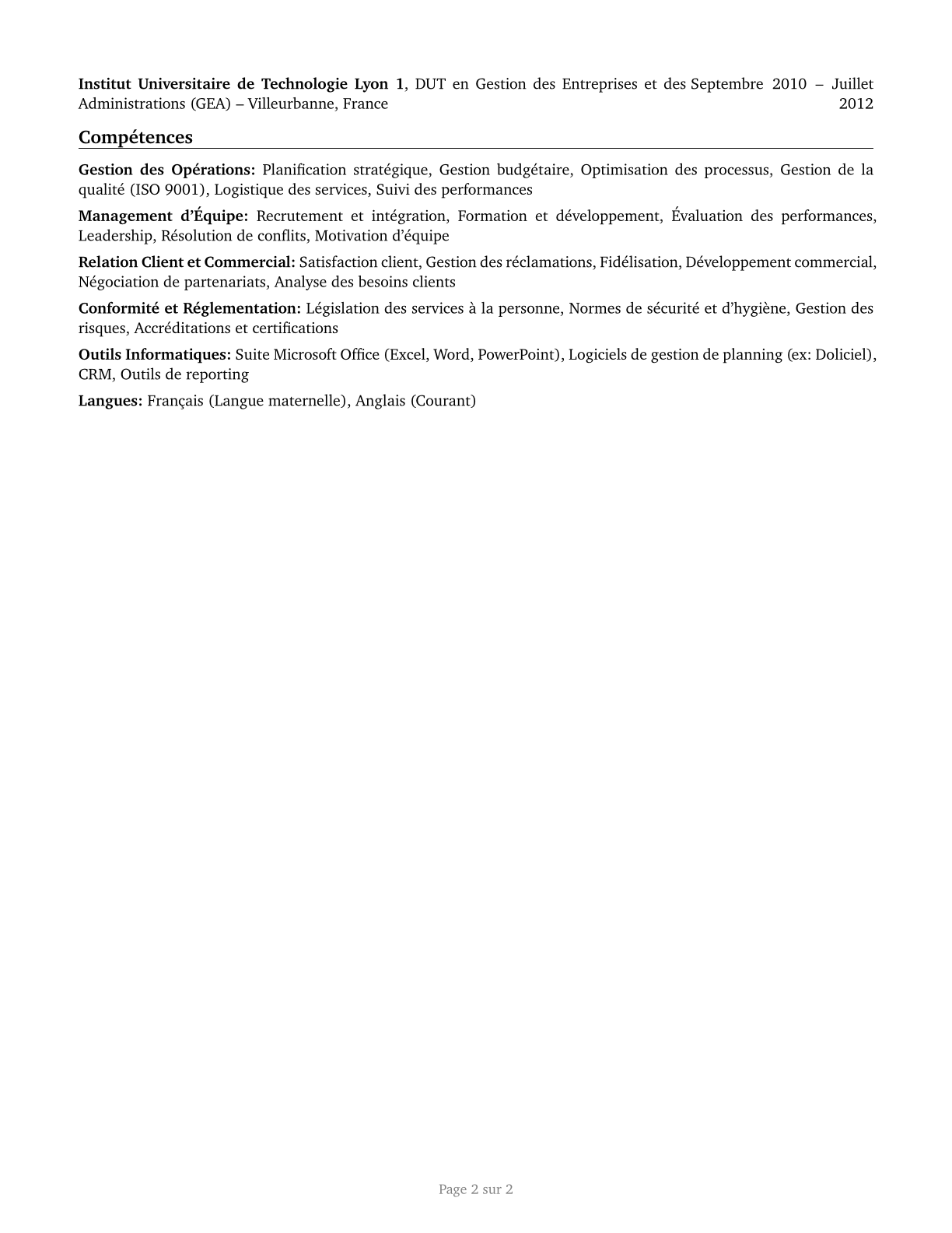 Personal Service Managers, All Other CV in French — page 2