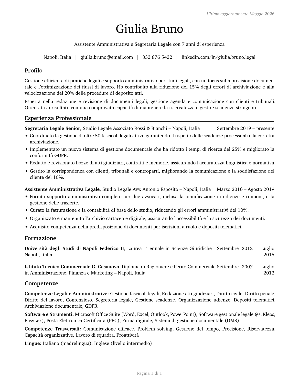 Legal Secretaries and Administrative Assistants CV in Italian — page 1