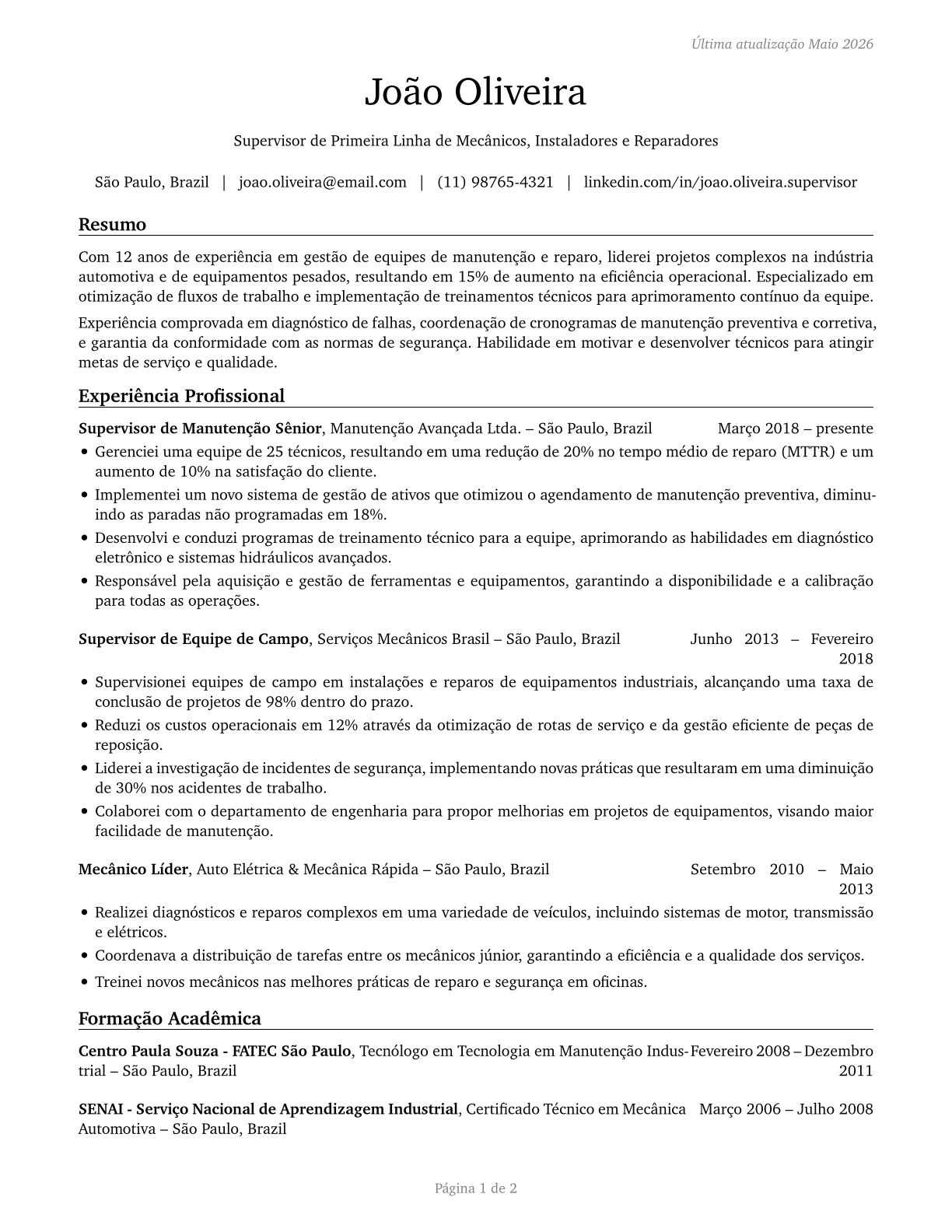 First-Line Supervisors of Mechanics, Installers, and Repairers CV in Portuguese — page 1