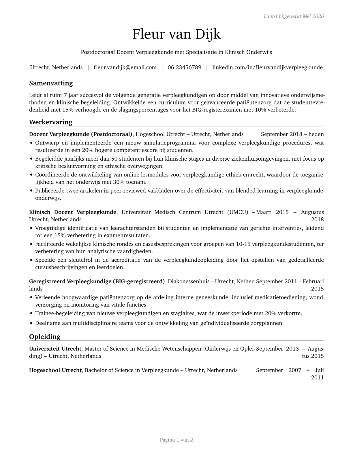 Nursing Instructors and Teachers, Postsecondary CV in Dutch — page 1