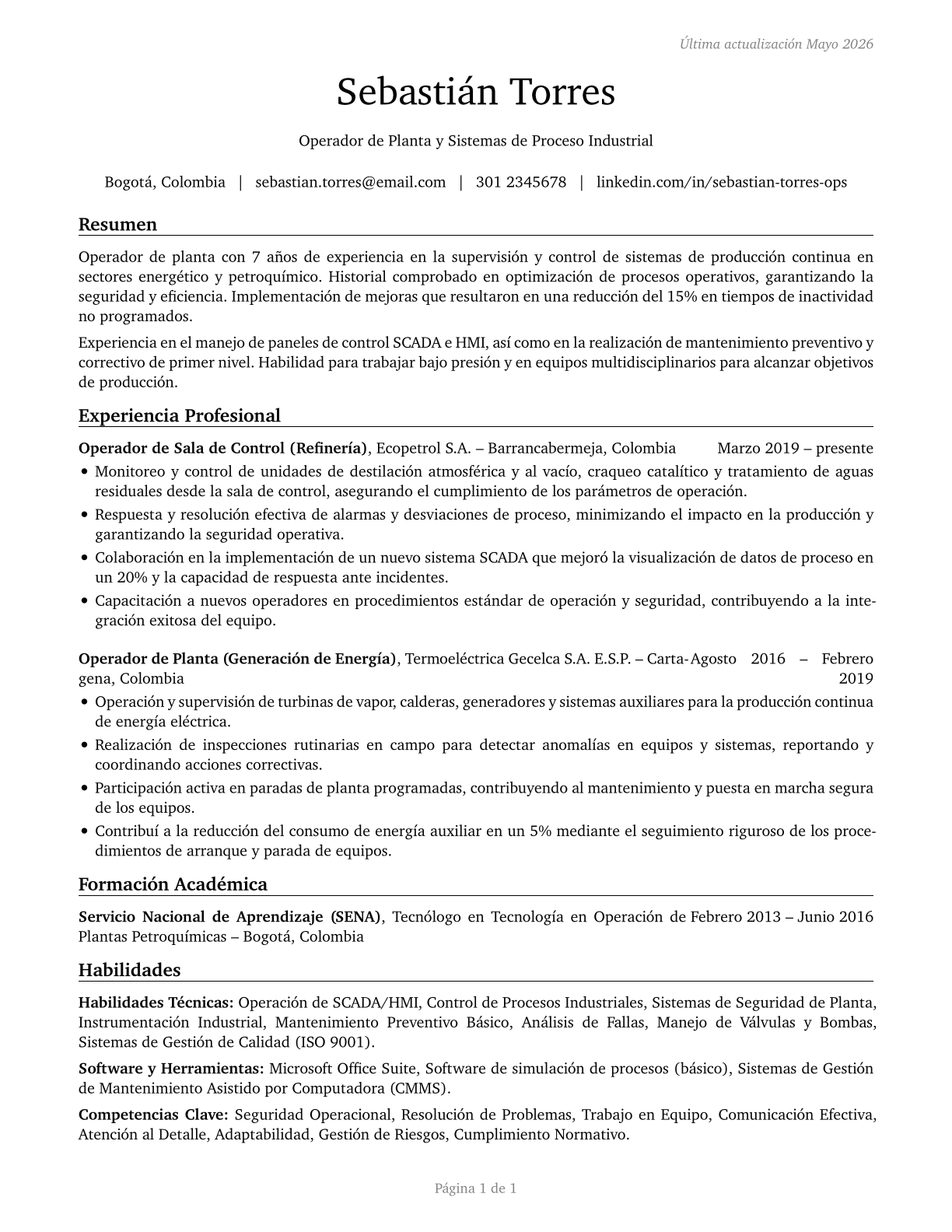 Plant and System Operators, All Other CV in Spanish — page 1
