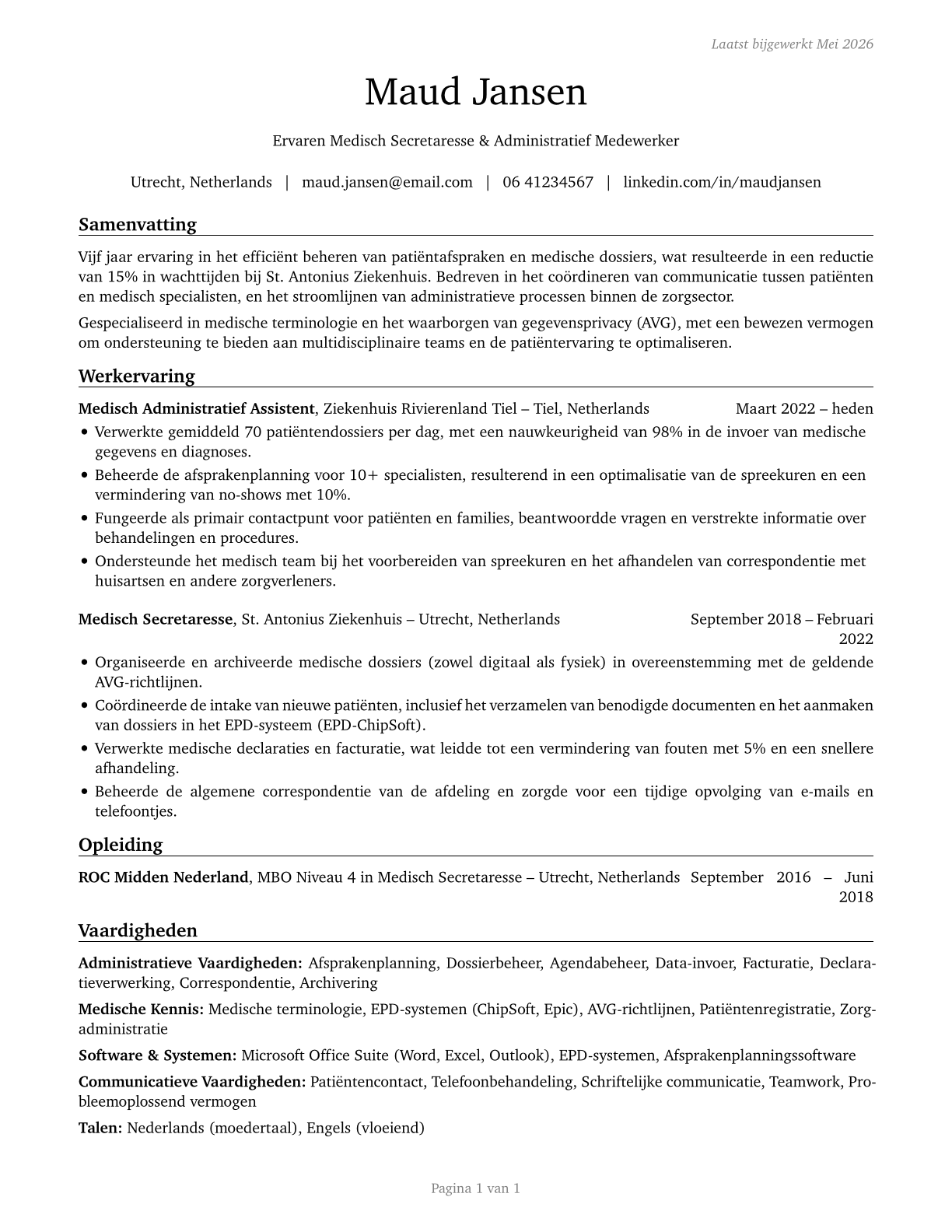 Medical Secretaries and Administrative Assistants CV in Dutch — page 1