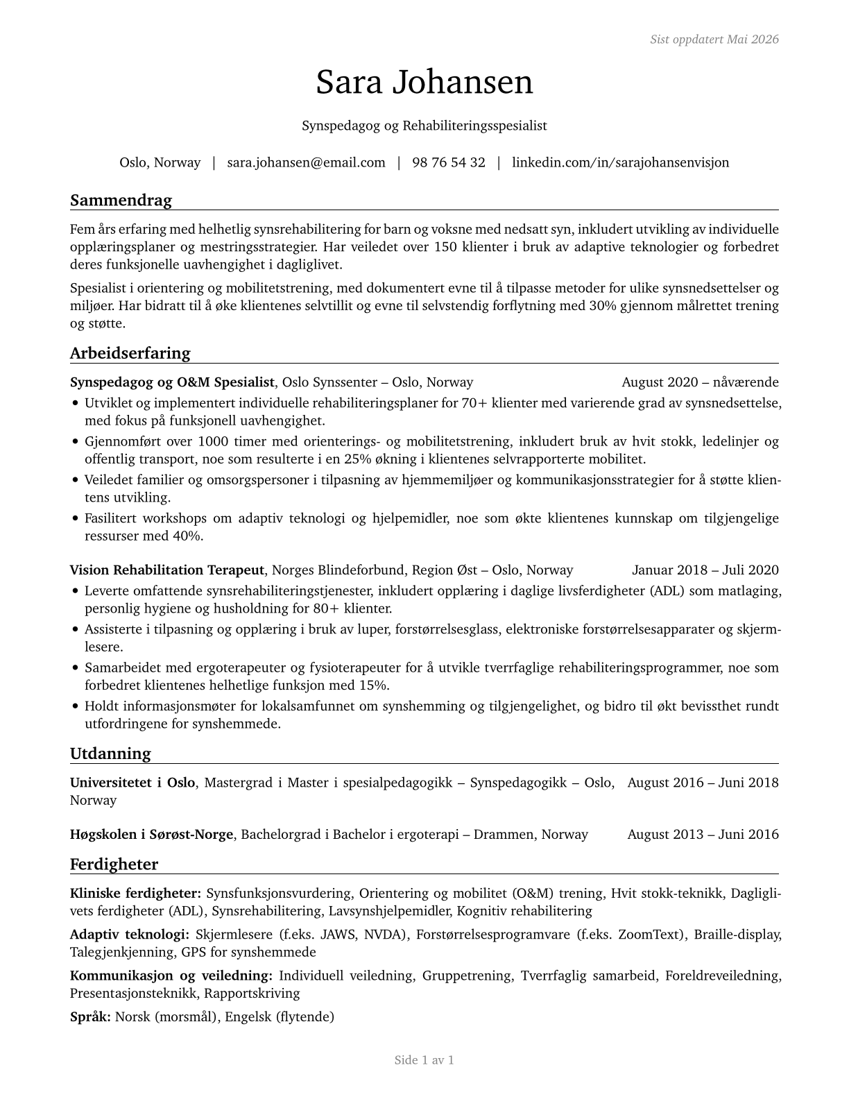 Low Vision Therapists, Orientation and Mobility Specialists, and Vision Rehabilitation Therapists CV in Norwegian_bokmal — page 1