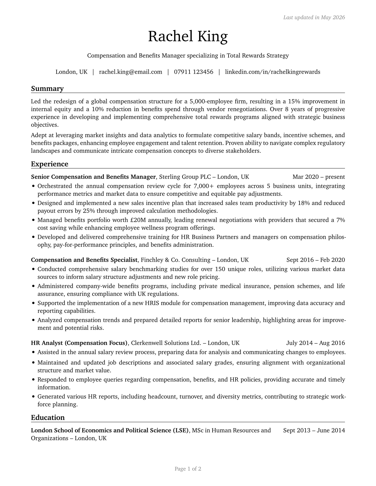 Compensation and Benefits Managers CV in English — page 1