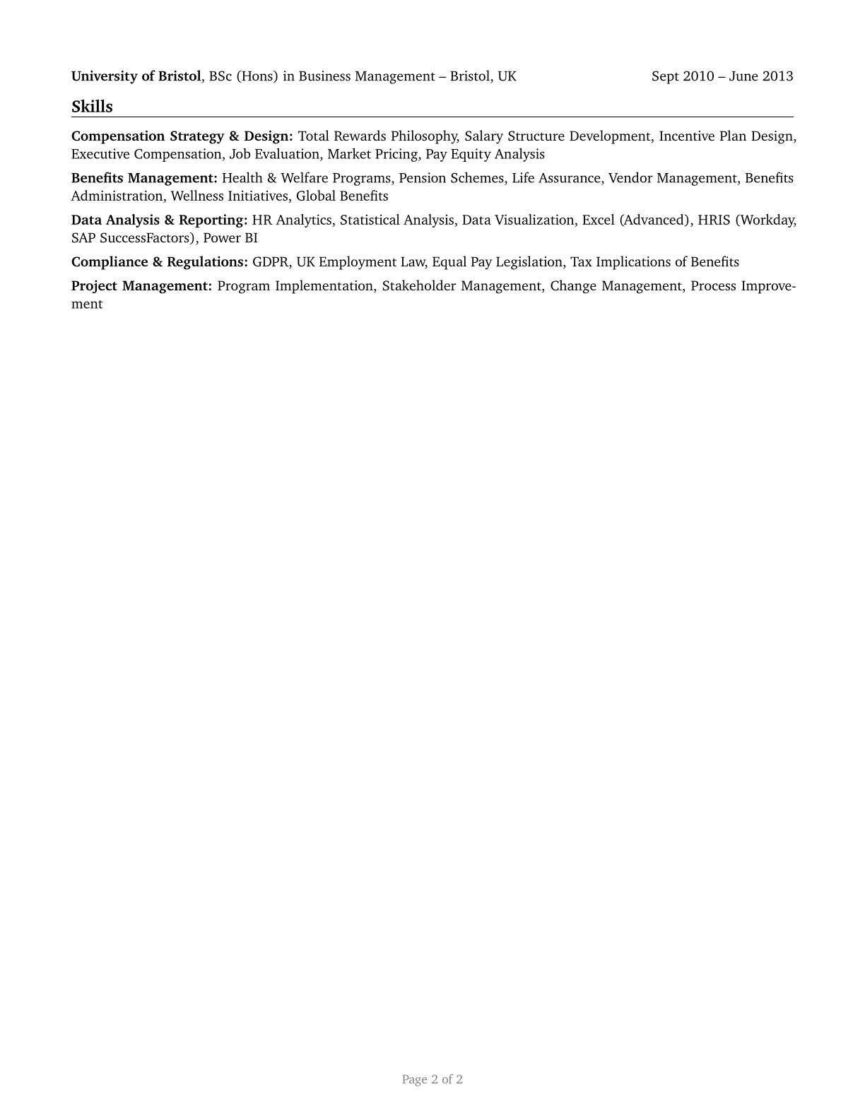 Compensation and Benefits Managers CV in English — page 2