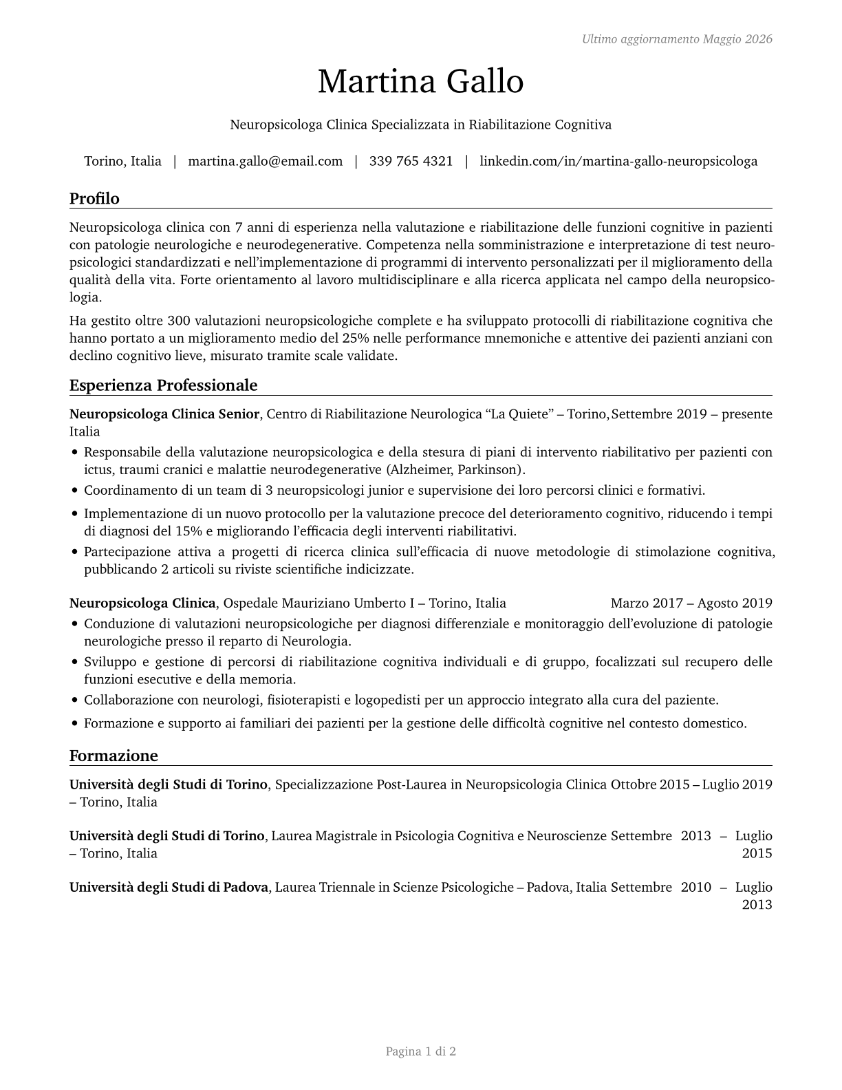 Neuropsychologists CV in Italian — page 1