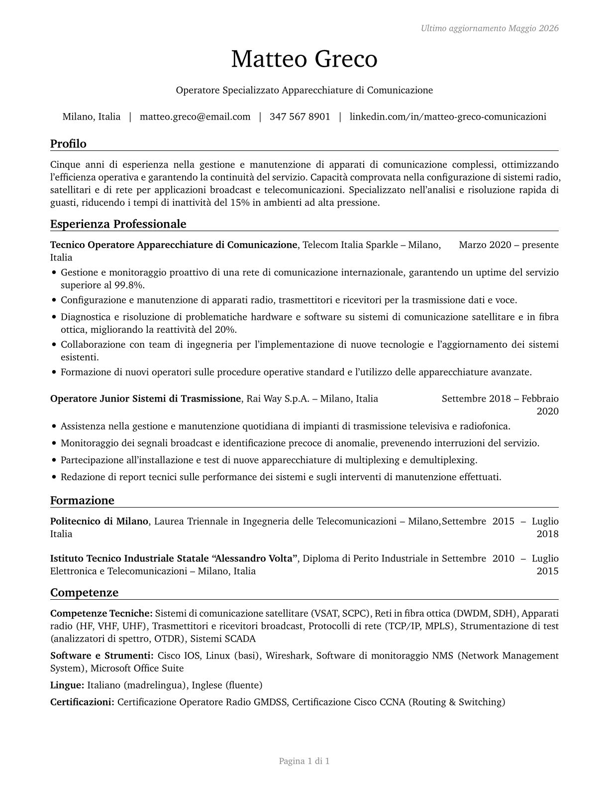 Communications Equipment Operators, All Other CV in Italian — page 1