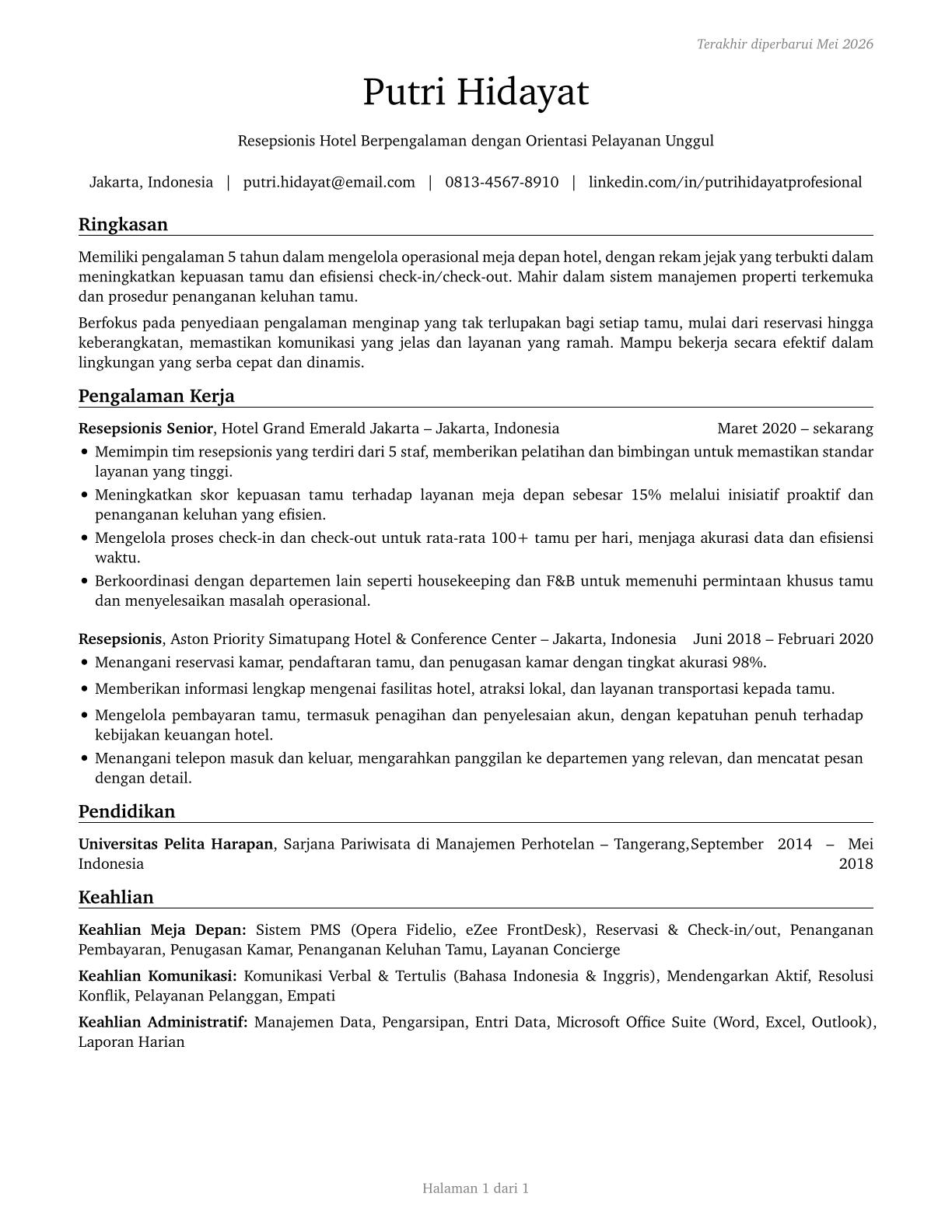 Hotel, Motel, and Resort Desk Clerks CV in Indonesian — page 1