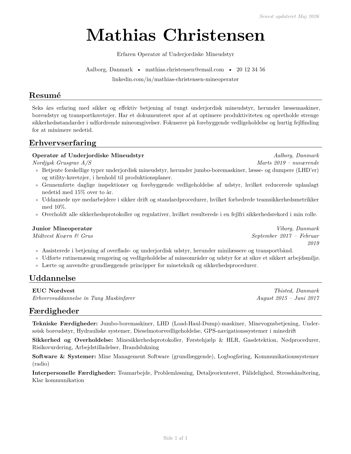 Underground Mining Machine Operators, All Other CV in Danish — page 1