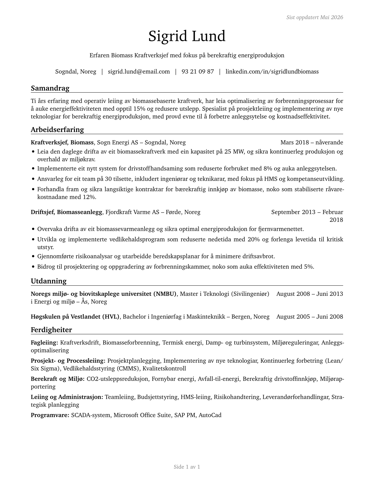 Biomass Power Plant Managers CV in Norwegian_nynorsk — page 1