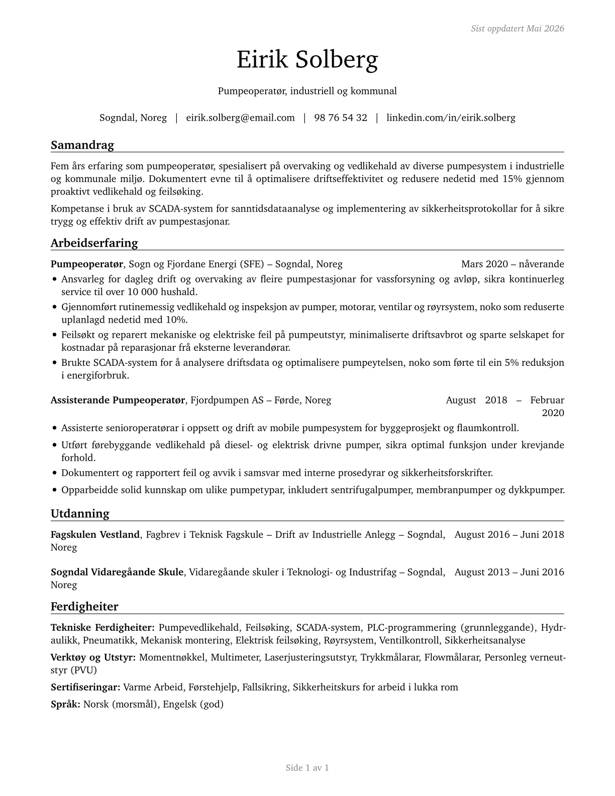 Pump Operators, Except Wellhead Pumpers CV in Norwegian_nynorsk — page 1