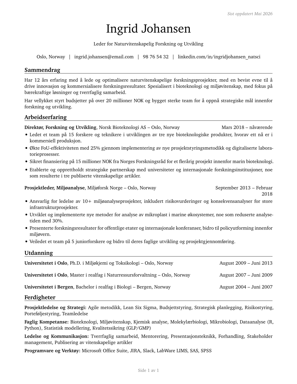 Natural Sciences Managers CV in Norwegian_bokmal — page 1