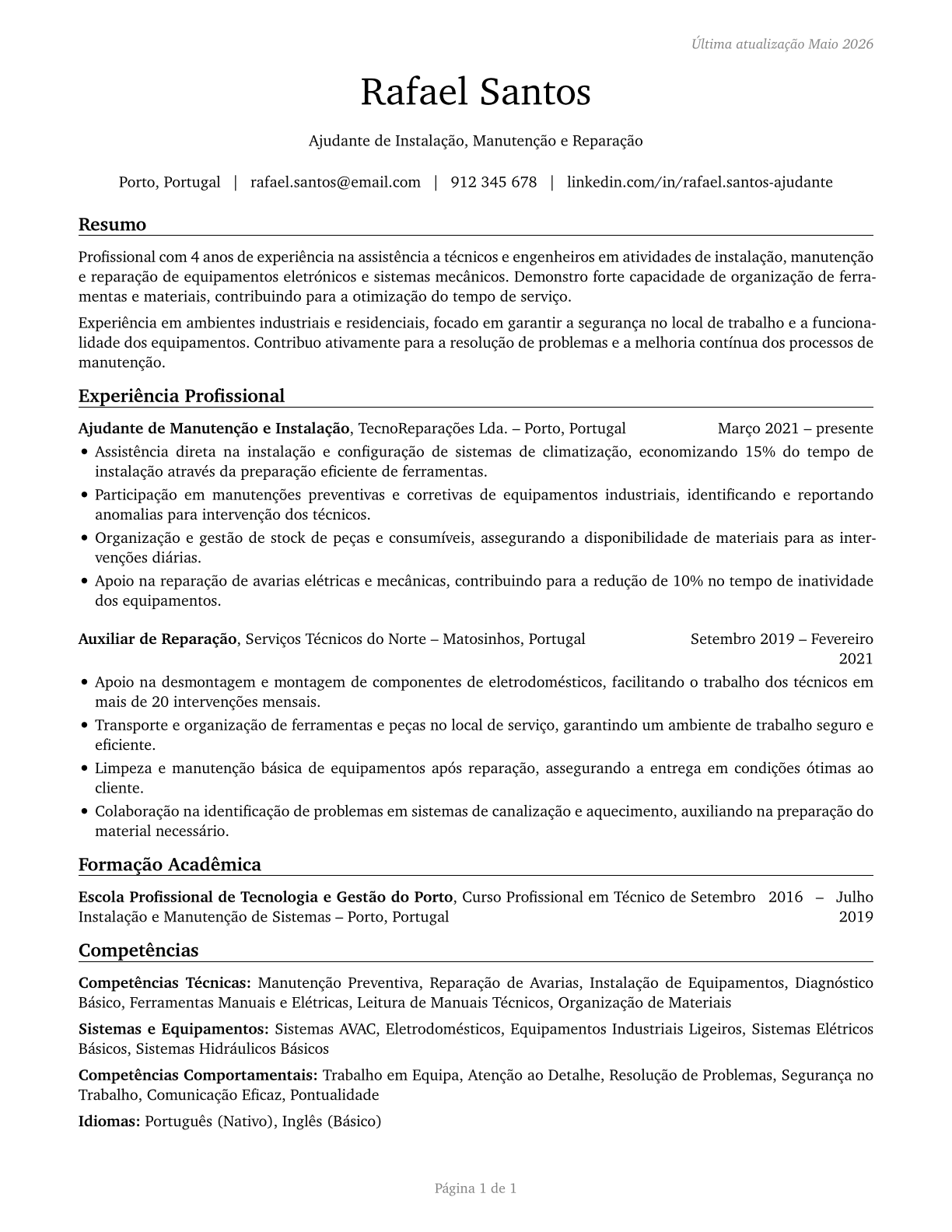 Helpers--Installation, Maintenance, and Repair Workers CV in Portuguese — page 1