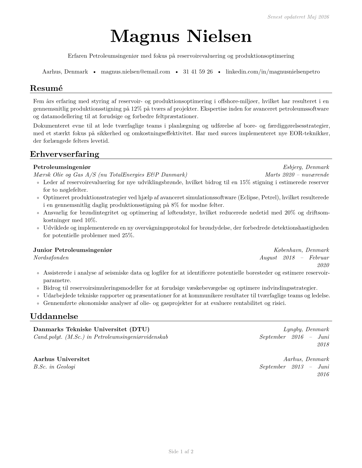 Petroleum Engineers CV in Danish — page 1
