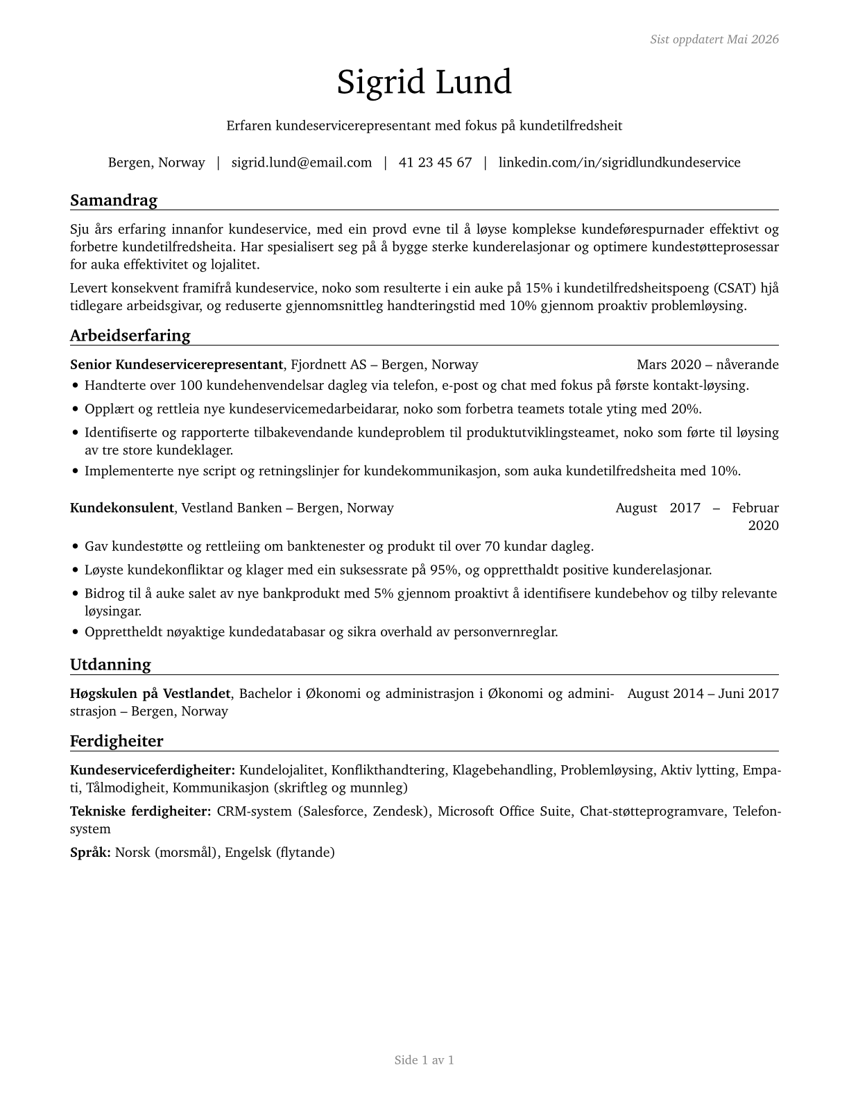 Customer Service Representatives CV in Norwegian_nynorsk — page 1