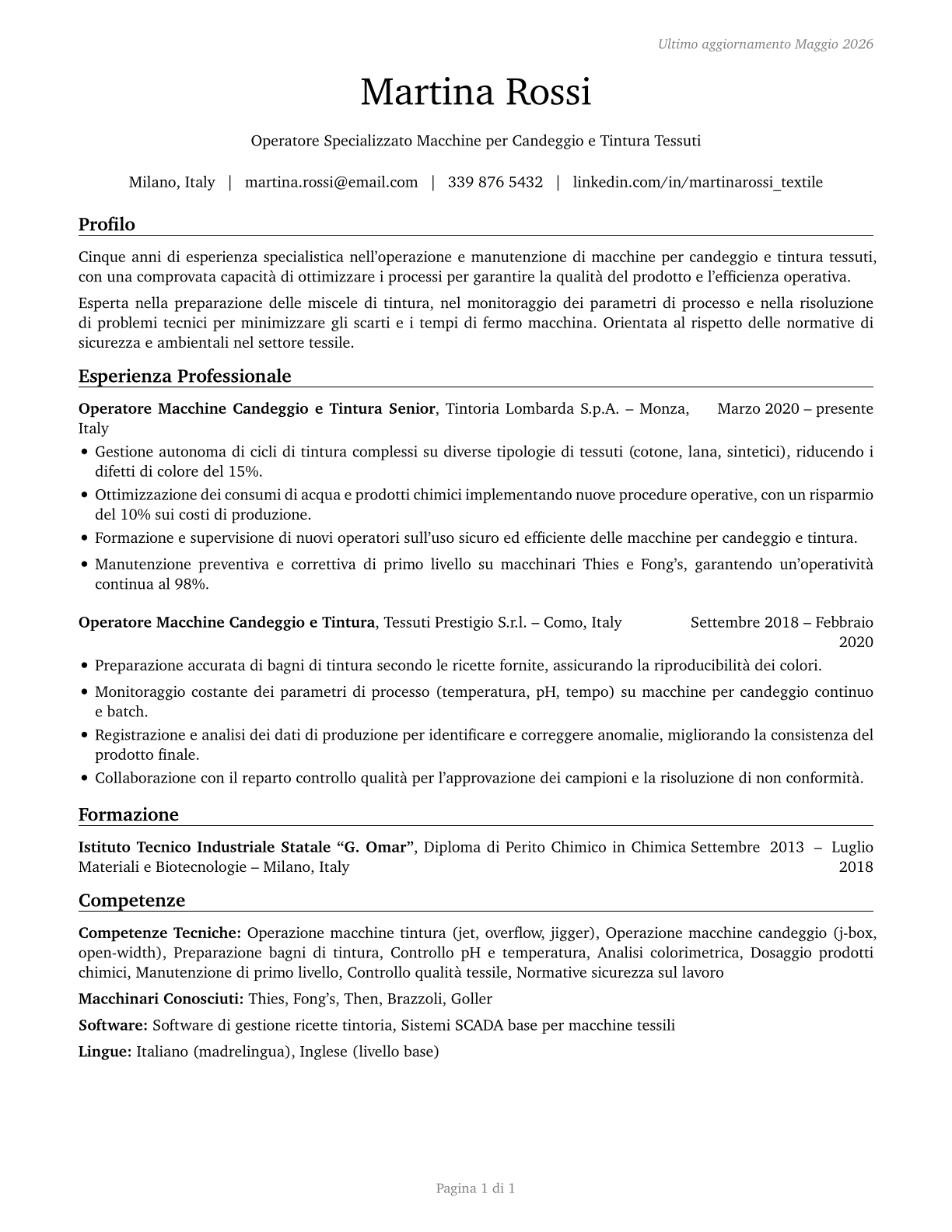 Textile Bleaching and Dyeing Machine Operators and Tenders CV in Italian — page 1