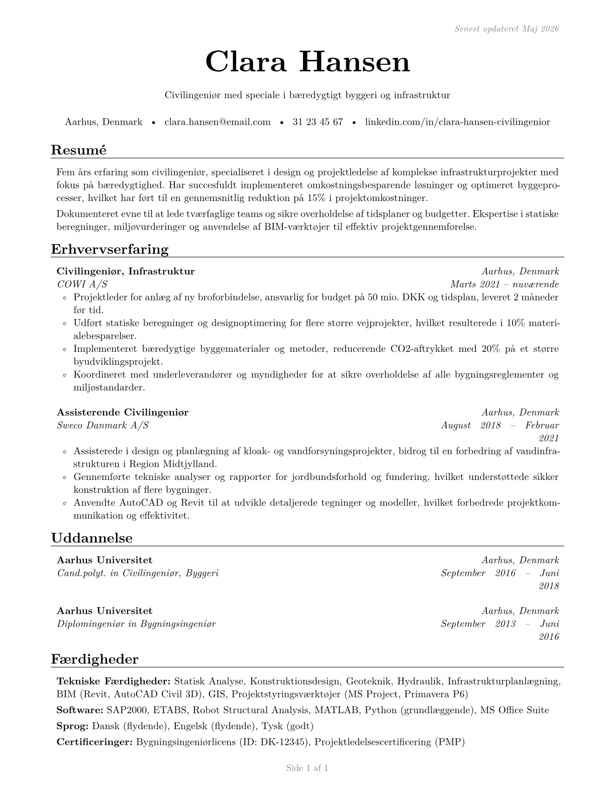 Civil Engineers CV in Danish — page 1