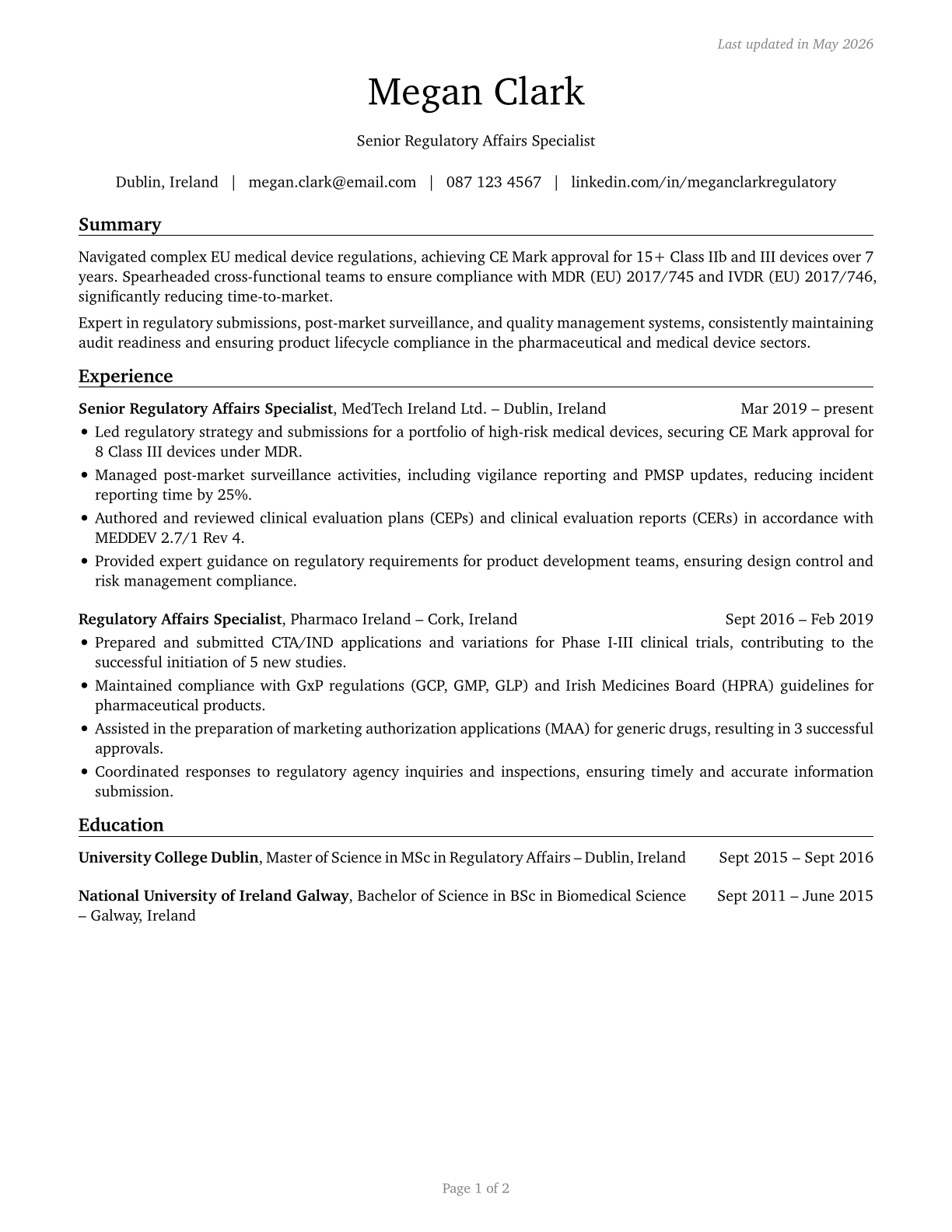 Regulatory Affairs Specialists CV in English — page 1