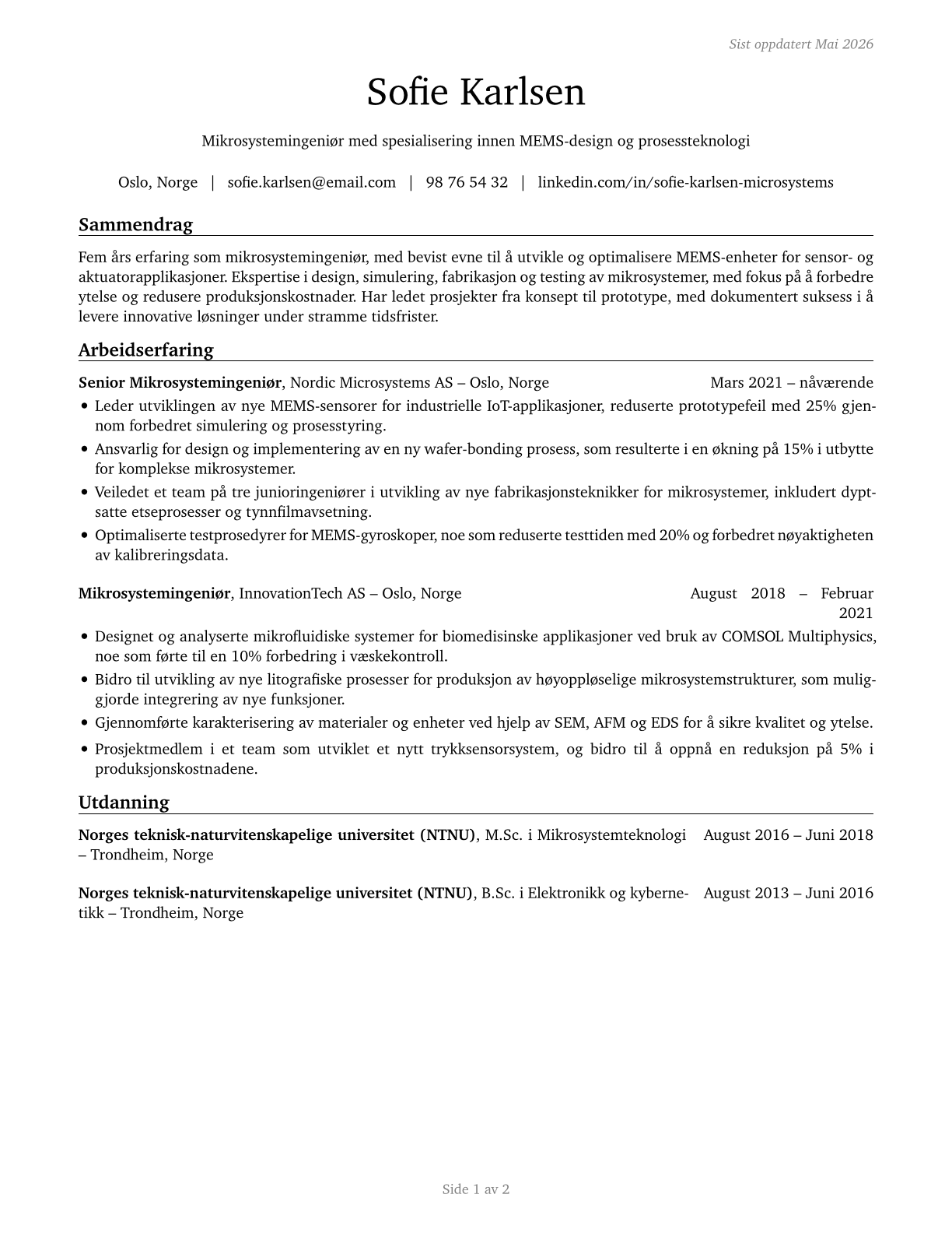 Microsystems Engineers CV in Norwegian_bokmal — page 1