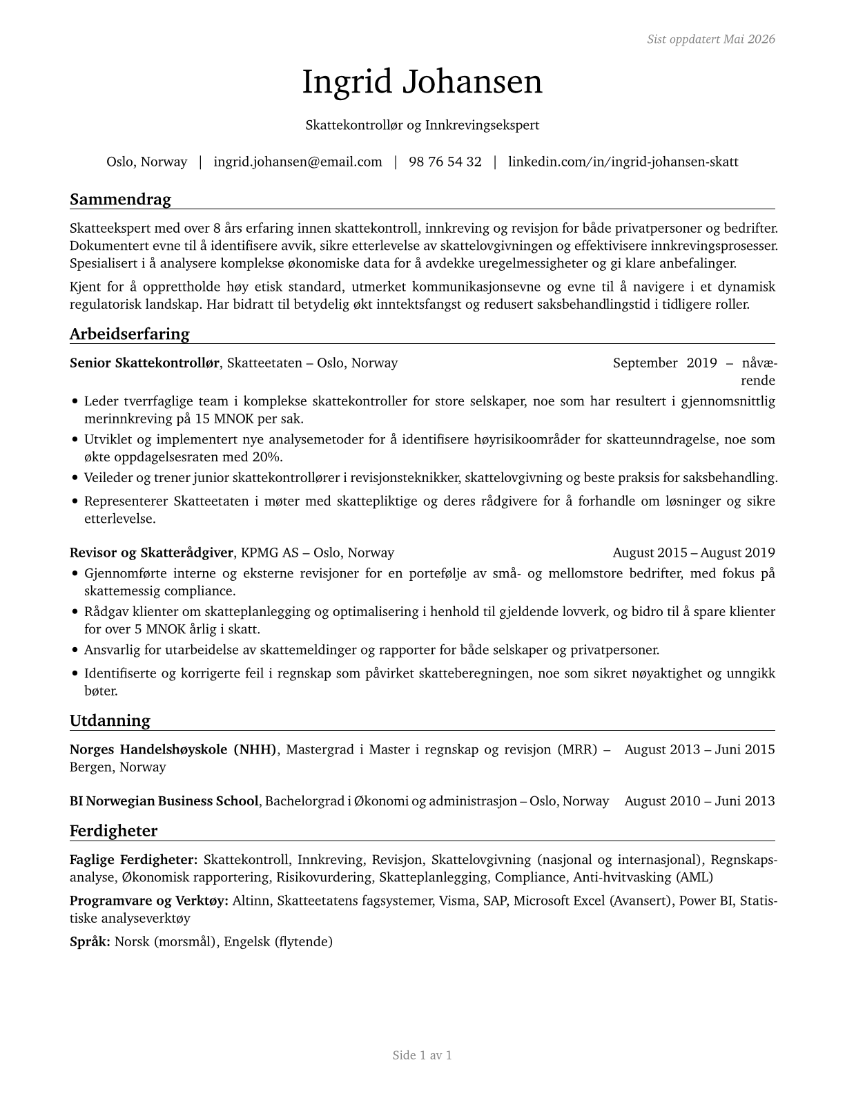 Tax Examiners and Collectors, and Revenue Agents CV in Norwegian_bokmal — page 1