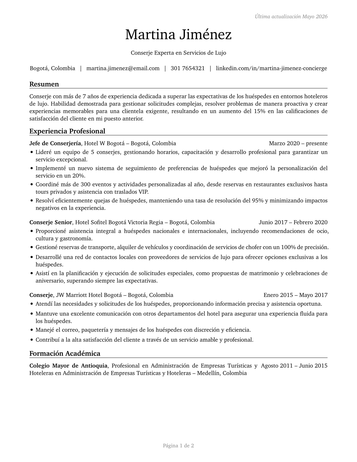Concierges CV in Spanish — page 1
