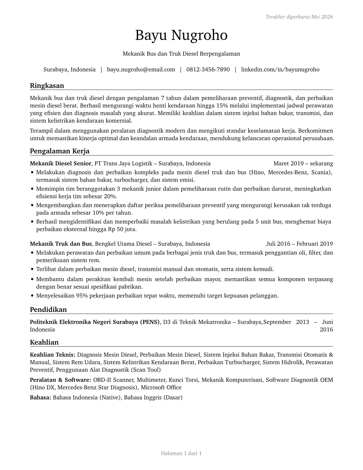 Bus and Truck Mechanics and Diesel Engine Specialists CV in Indonesian — page 1
