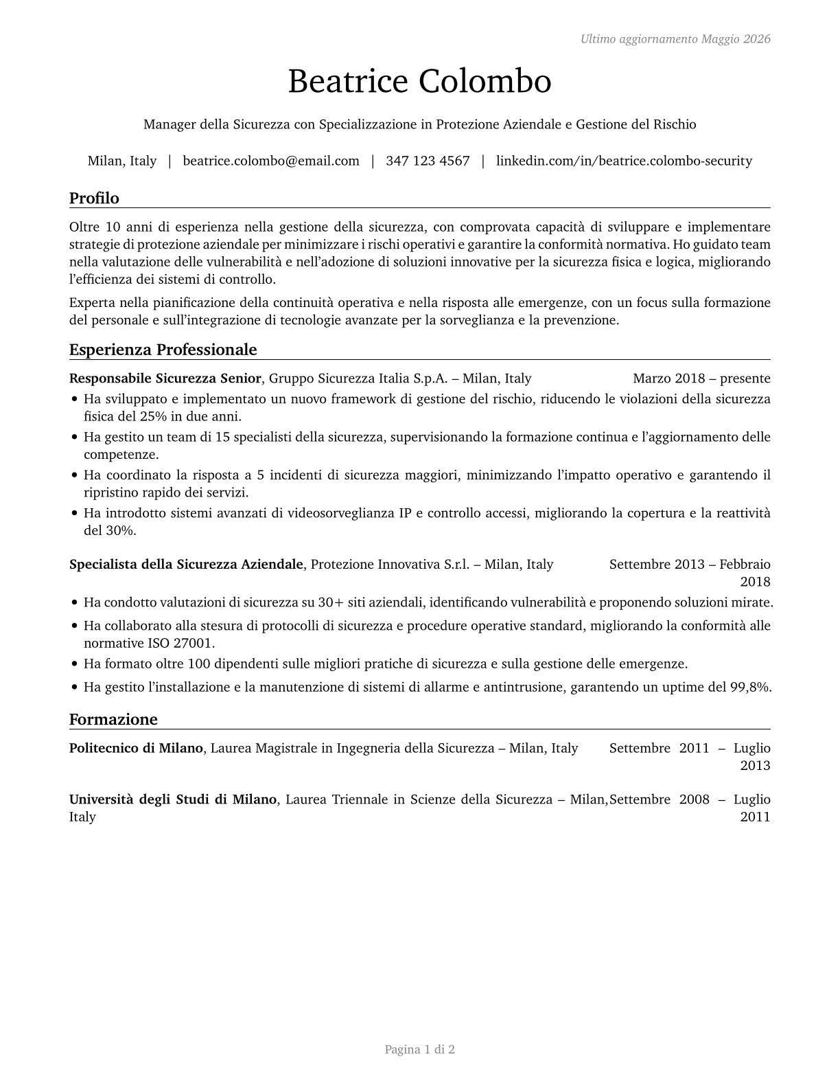 Security Managers CV in Italian — page 1