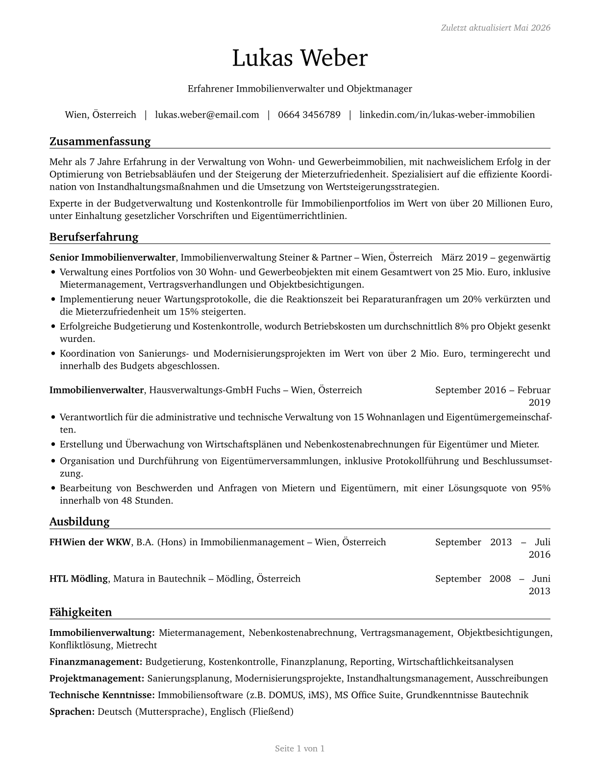 Property, Real Estate, and Community Association Managers CV in German — page 1