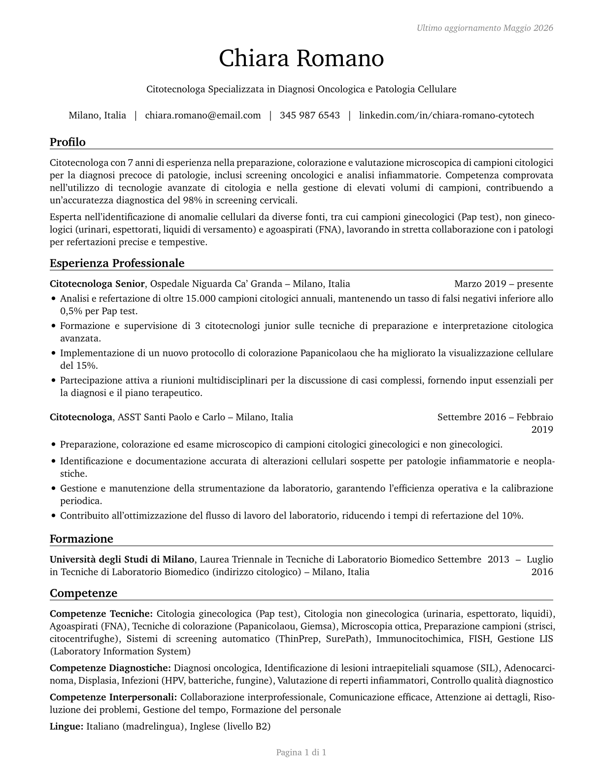 Cytotechnologists CV in Italian — page 1