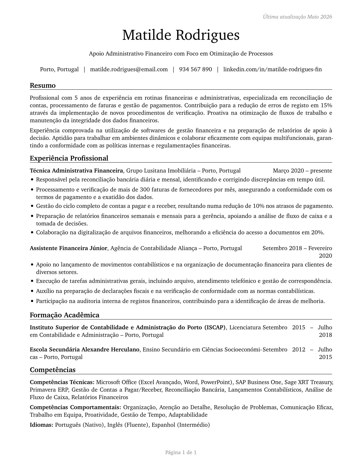 Financial Clerks, All Other CV in Portuguese — page 1