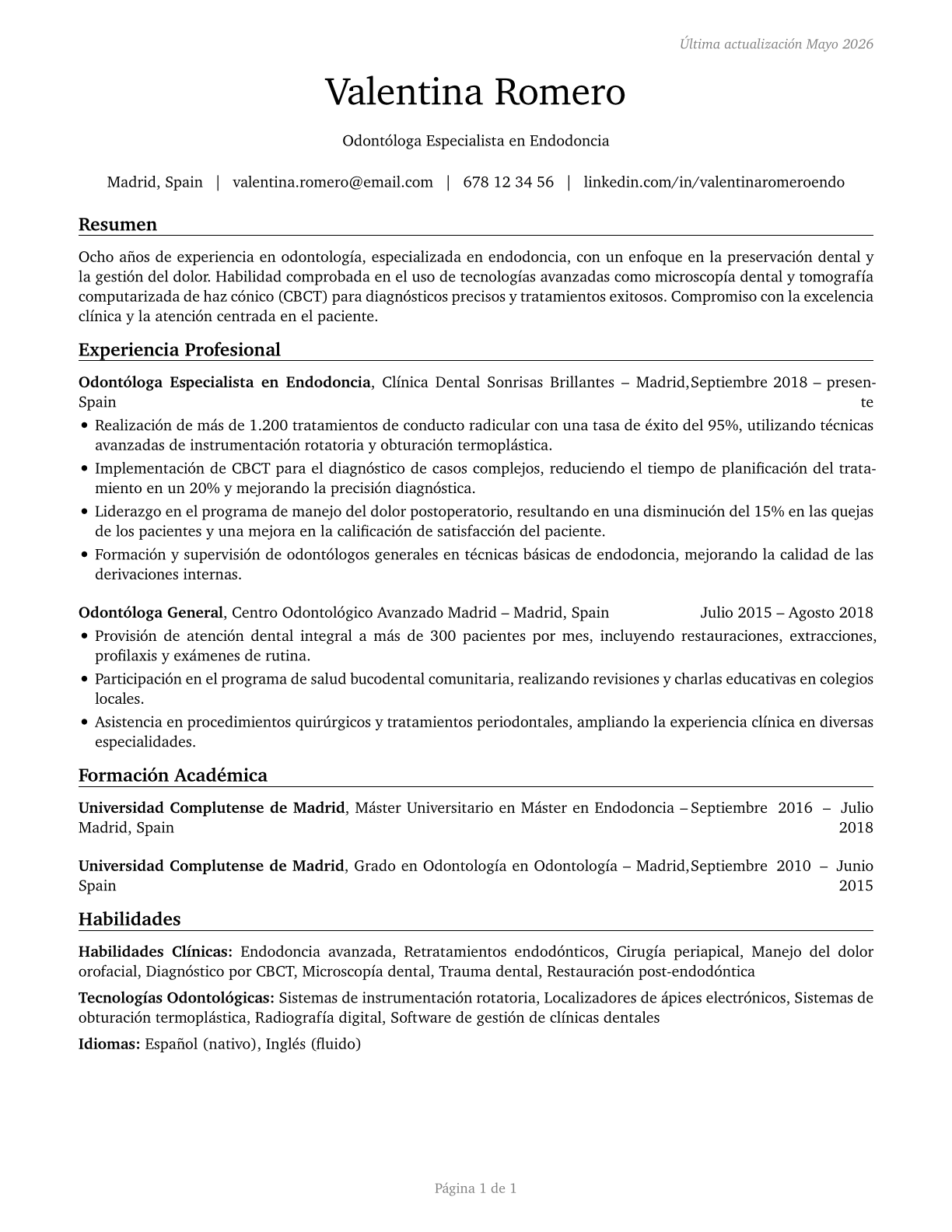 Dentists, All Other Specialists CV in Spanish — page 1