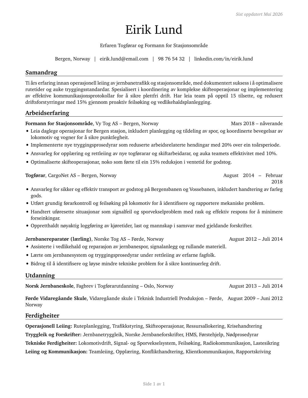 Railroad Conductors and Yardmasters CV in Norwegian_nynorsk — page 1