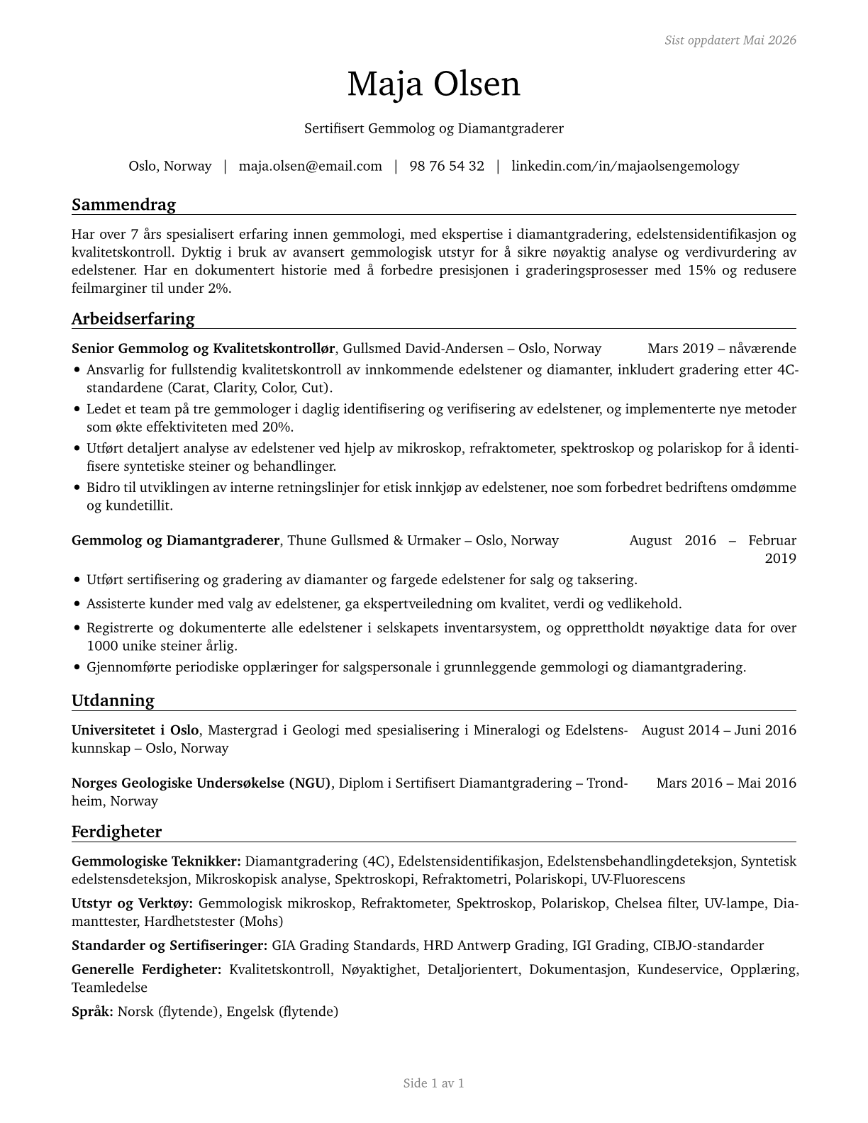 Gem and Diamond Workers CV in Norwegian_bokmal — page 1