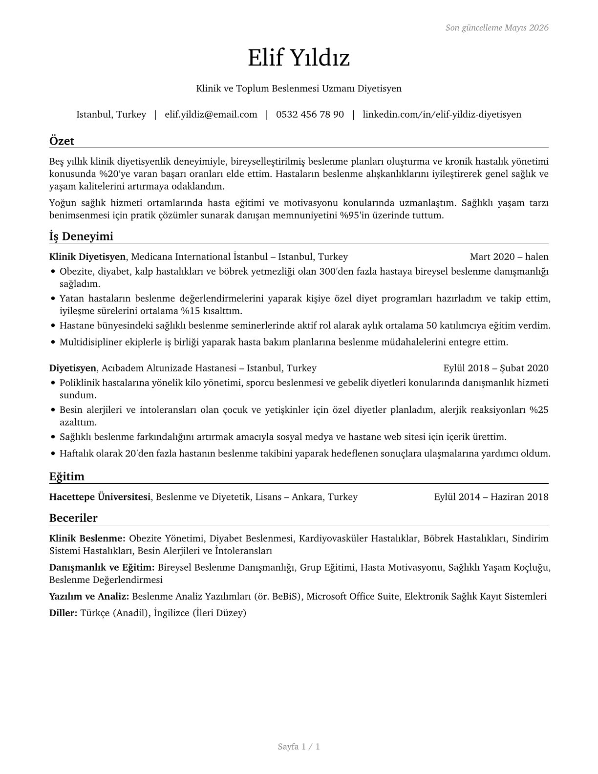 Dietitians and Nutritionists CV in Turkish — page 1