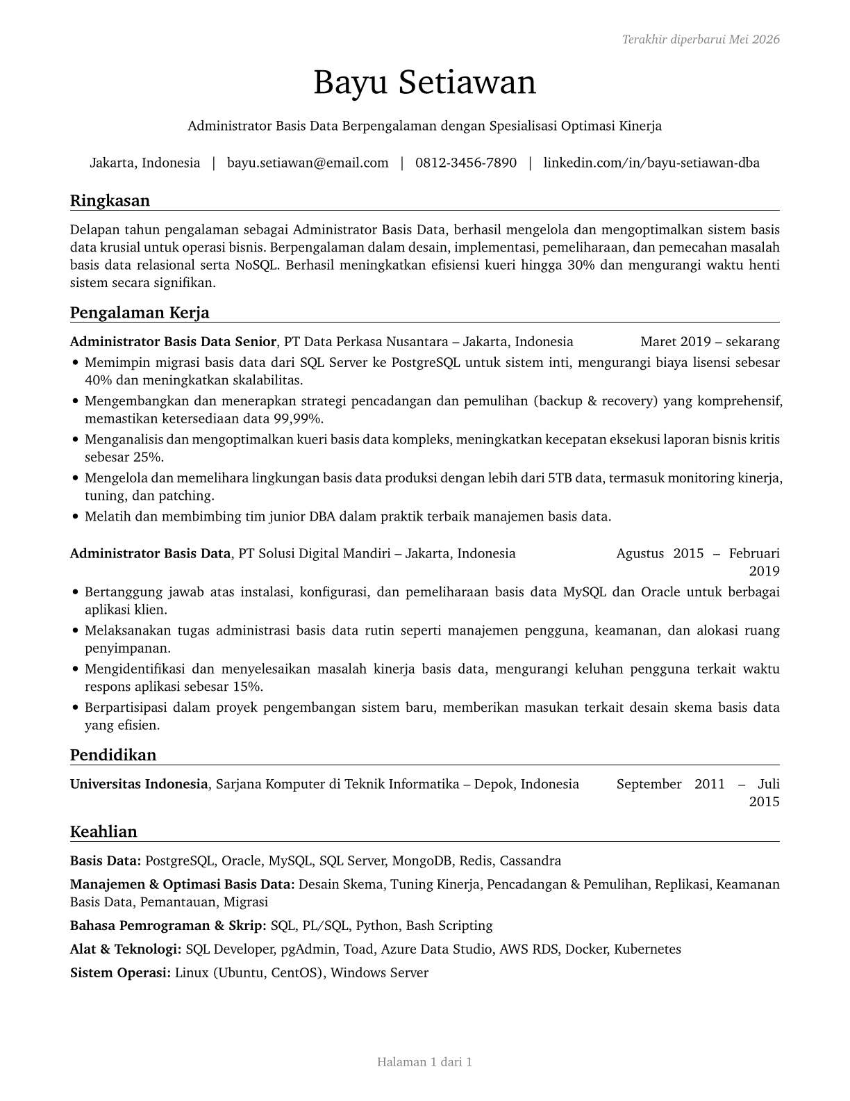 Database Administrators CV in Indonesian — page 1