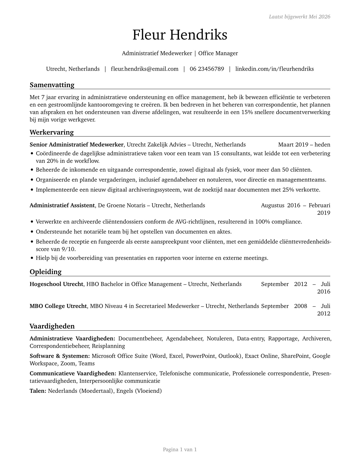Secretaries and Administrative Assistants, Except Legal, Medical, and Executive CV in Dutch — page 1