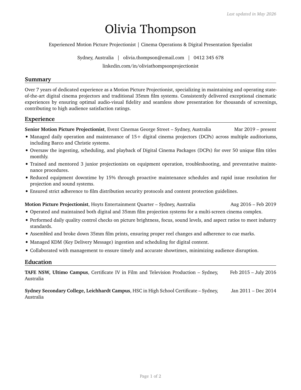 Motion Picture Projectionists CV in English — page 1